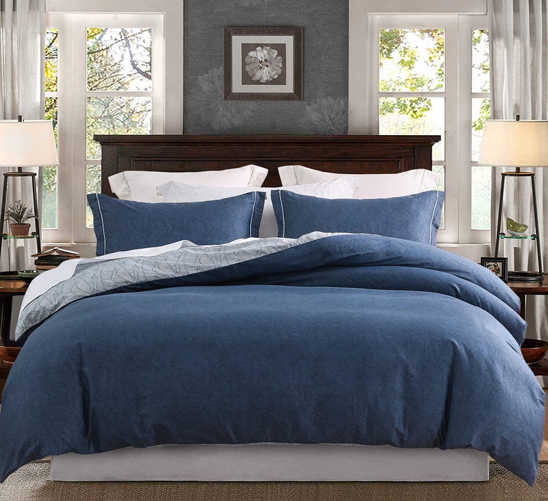 SLEEPBELLA Duvet Cover Queen Size, 600 Thread Count Cotton Navy & Grey Printed with Luxurious Blue Leaves Pattern Reversible Botanical Comforter Cover Sets, Bedding Set 3Pcs (Queen, Navy-Blue Leaves) - Image 3